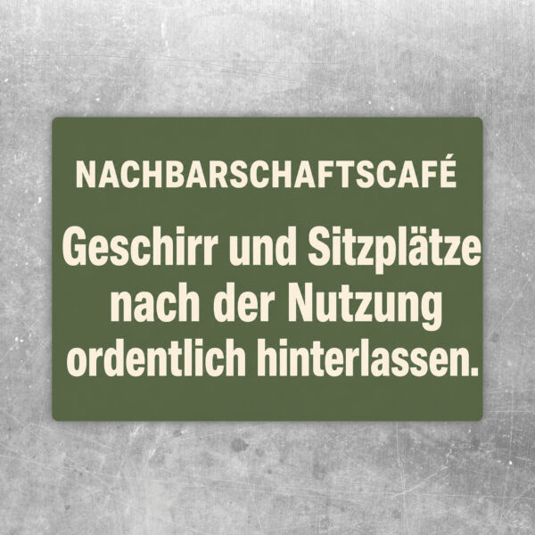 Nachbarschaftscafé Aufkleber im Querformat mit Hinweis zu Geschirr und ordentlichen Sitzplätzen in buntem Café-Motiv.