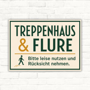 Treppenhaus & Flure Schild – Bitte leise nutzen und Rücksicht nehmen mit gut lesbarem Motiv und klarer Beschriftung als bedrucktes Schild aus Aluminium-Verbundplatte.