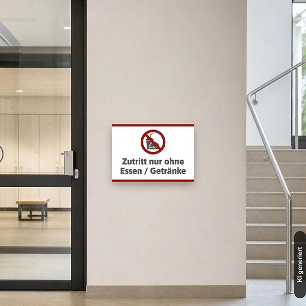 KI-generiertes Anwendungsbeispiel für Schild Zutritt nur ohne Essen Getränke: Schild klein und realistisch am passenden Einsatzort dargestellt.