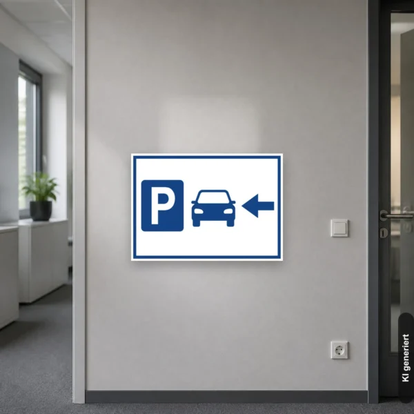KI-generiertes Anwendungsbeispiel: Parkplatzschild links mit Pfeil am passenden Einsatzort mit gut sichtbarem Motiv und klarer Beschriftung.