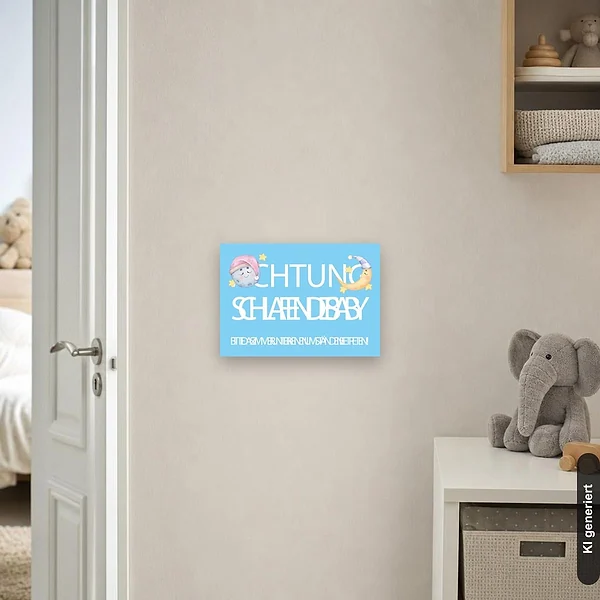 KI-generiertes Anwendungsbeispiel für Schild Achtung schlafendes Baby blau Junge: Schild klein und realistisch am passenden Einsatzort dargestellt.
