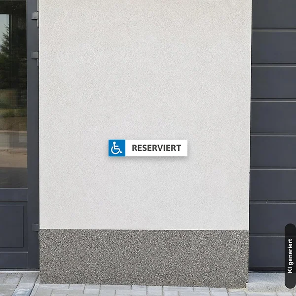 KI-generiertes Anwendungsbeispiel für Schild Behindertenparkplatz Rollstuhl Parkplatz Reserviert: Schild klein und realistisch am passenden Einsatzort dargestellt.