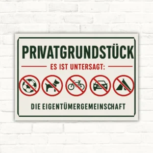 Privatgrundstück Verbotsschild mit grünen und roten Piktogrammen, Text „ES IST UNTERSAGT“, Querformat.