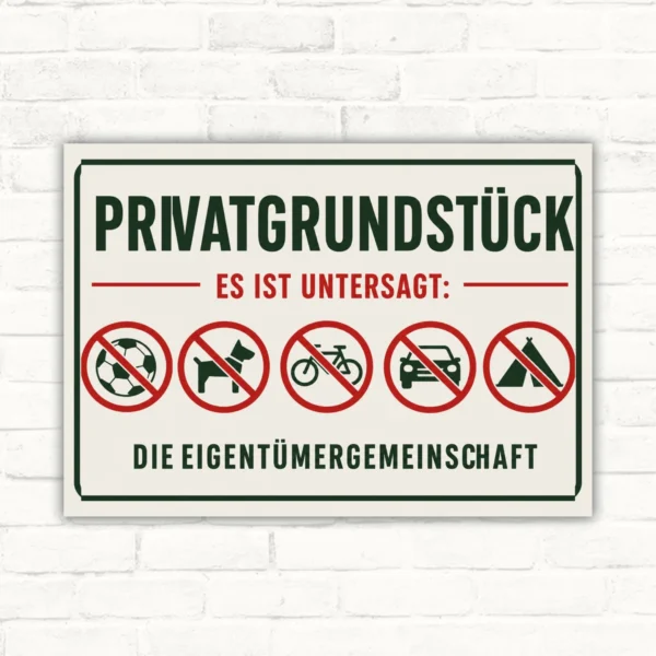 Privatgrundstück Verbotsschild mit grünen und roten Piktogrammen, Text „ES IST UNTERSAGT“, Querformat.