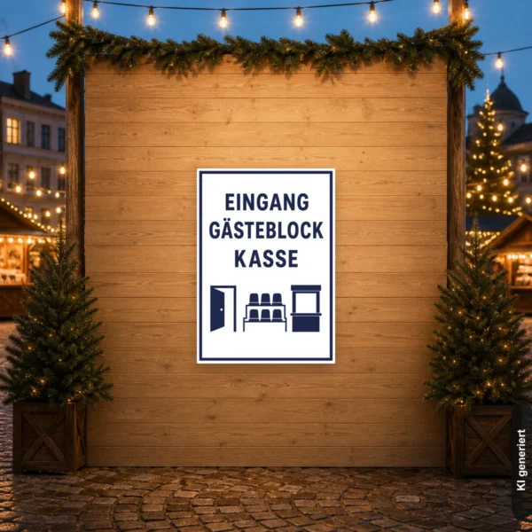 KI-generiertes Anwendungsbeispiel: Hinweisschild Eingang Gästeblock Kasse an einem Veranstaltungszugang zur schnellen Besucherorientierung.