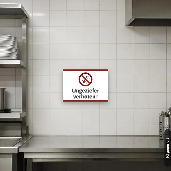 KI-generiertes Anwendungsbeispiel für Schild Ungeziefer verboten Hygieneschild: Schild klein und realistisch am passenden Einsatzort dargestellt.
