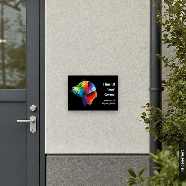 KI-generiertes Anwendungsbeispiel für Schild Warnung Mischling - Betreten auf eigene Gefahr: Schild klein und realistisch am passenden Einsatzort dargestellt.