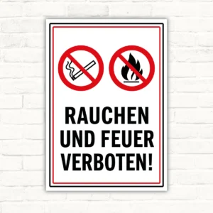 Rauchen und Feuer verboten Schild mit zwei Verbotszeichen und großem Text auf weißem Hintergrund als Verbotsschild.