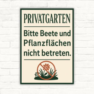 Privatgarten Schild – Bitte Beete und Pflanzflächen nicht betreten mit gut lesbarem Motiv und klarer Beschriftung als bedrucktes Schild aus Aluminium-Verbundplatte.