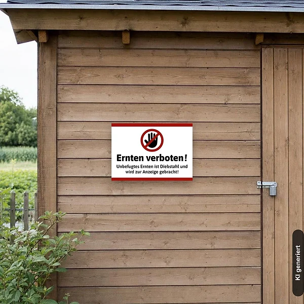 KI-generiertes Anwendungsbeispiel für Ernten verboten Schild – Unbefugtes Ernten ist Diebstahl: Schild klein und realistisch am passenden Einsatzort dargestellt.