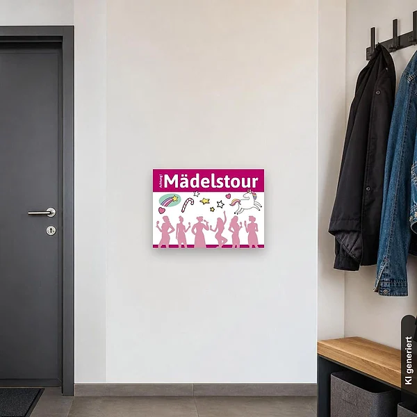 KI-generiertes Anwendungsbeispiel für Schild Achtung Mädelstour Frauen Junggesellinnen Abschied: Schild klein und realistisch am passenden Einsatzort dargestellt.