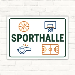 Sporthallenschild mit Basketball, Pfeife und Spielfeldgrafik sowie dem Schriftzug SPORTHALLE als Hinweisschild.