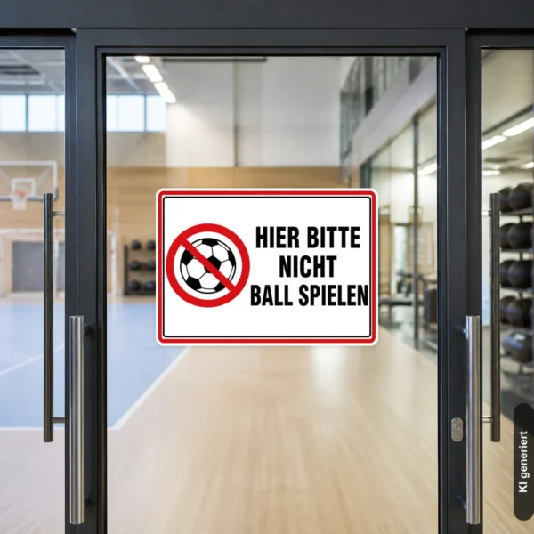 KI-generiertes Anwendungsbeispiel: Verbotsschild Hier bitte nicht Ball spielen Aufkleber an einer Hauswand im Hofbereich.