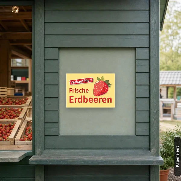 KI-generiertes Anwendungsbeispiel für Schild Erdbeerverkauf Verschaufsschild Erdbeeren: Schild klein und realistisch am passenden Einsatzort dargestellt.