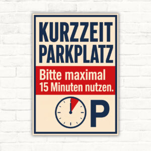 Kurzzeitparkplatz Schild maximal 15 Minuten nutzen mit gut lesbarem Motiv und klarer Beschriftung als bedrucktes Schild aus Aluminium-Verbundplatte.