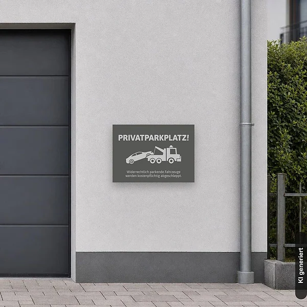Graues Privatparkplatz-Schild in realistischer Größe an einer Hauswand