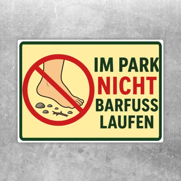 Im Park nicht barfuß laufen Aufkleber mit Fußsymbol und rotem Verbotssymbol für Grünflächen und Parkwege.