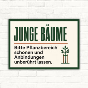 Junge Bäume Schild mit Text „Bitte Pflanzbereich schonen und Anbindungen unberührt lassen“ als Grünflächenschild.