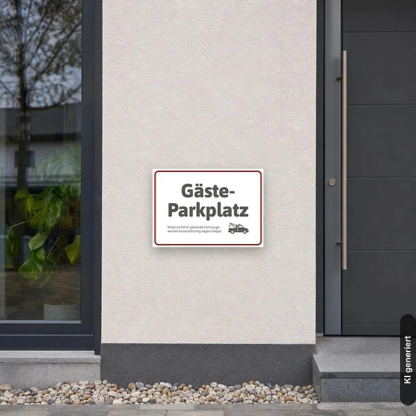 KI-generiertes Anwendungsbeispiel für Schild Gästeparkplatz mit Abschlepper: Schild klein und realistisch am passenden Einsatzort dargestellt.