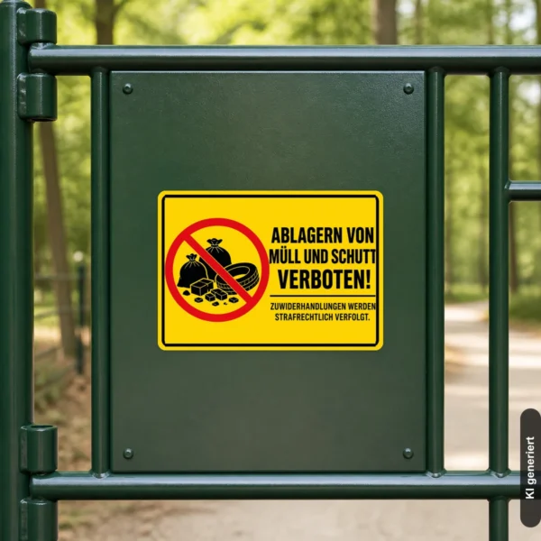KI-generiertes Anwendungsbeispiel: Gelber Aufkleber mit rotem Verbotssymbol und der Aufschrift „Ablagern von Müll und Schutt verboten“ an einem Tor.