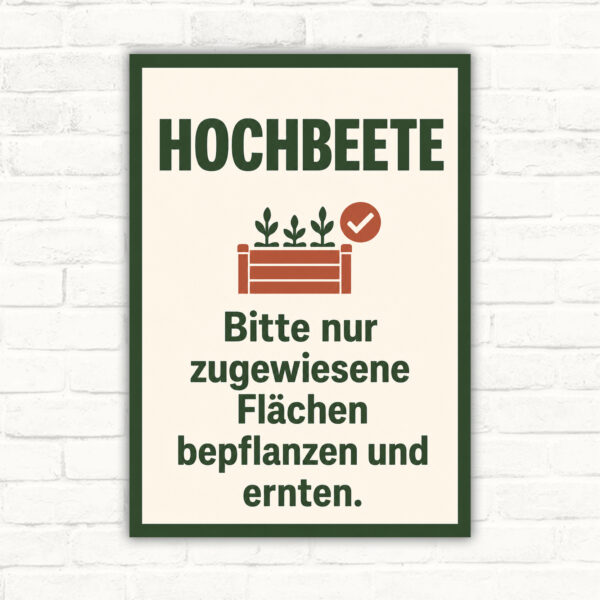 Hochbeete Schild mit Gartenmotiv und Text „Bitte nur zugewiesene Flächen bepflanzen und ernten“ als Produktschild.