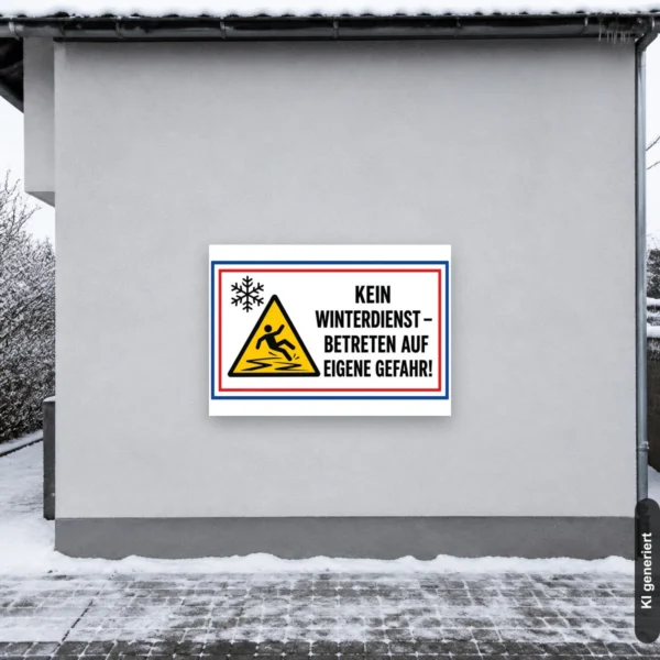 KI-generiertes Anwendungsbeispiel: Kein Winterdienst Schild im Querformat mit Warnsymbol und Hinweistext für Hof oder Zufahrt.