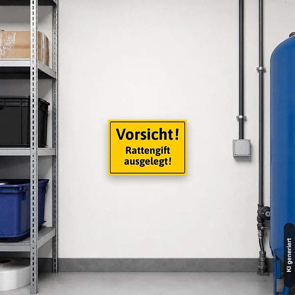 KI-generiertes Anwendungsbeispiel für Schild Vorsicht Rattengift ausgelegt: Schild klein und realistisch am passenden Einsatzort dargestellt.