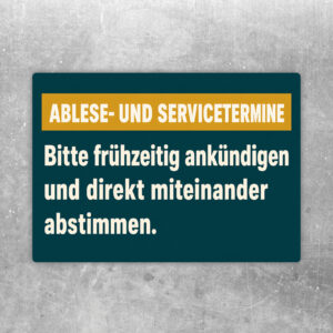 Aufkleber Ablese- und Servicetermine im Querformat mit blauem Textfeld und freundlicher Abstimmungsszene.