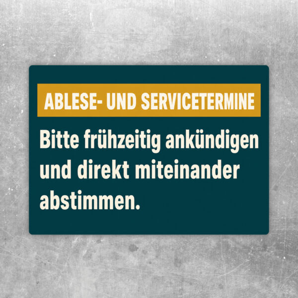Aufkleber Ablese- und Servicetermine im Querformat mit blauem Textfeld und freundlicher Abstimmungsszene.