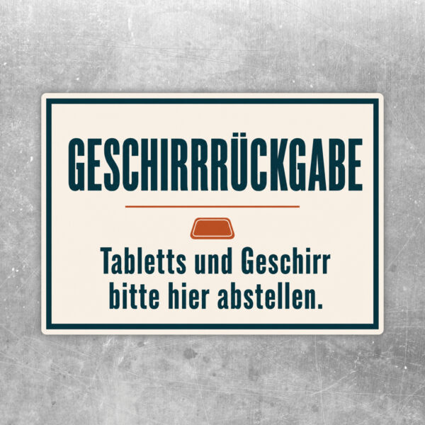 Geschirrrückgabe Aufkleber im Querformat mit Person, Tabletts und Hinweis zum Abstellen von Geschirr.