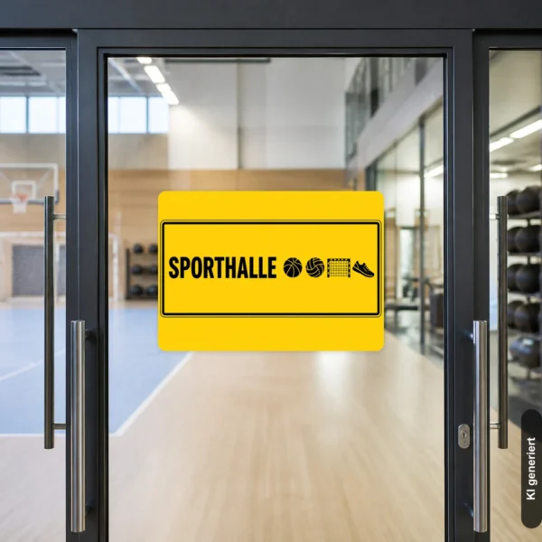 KI-generiertes Anwendungsbeispiel: Sporthalle Aufkleber in Gelb und Schwarz auf einer glatten Glastür im Eingangsbereich.
