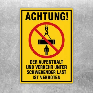 Gelber Verbotsschild schwebende Last verboten Aufkleber mit rotem Verbotssymbol und schwarzem Warntext.
