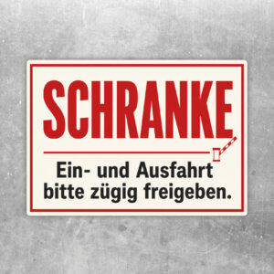 Aufkleber mit Schranke, Wohnmobil und Text Ein- und Ausfahrt bitte zügig freigeben im Querformat.