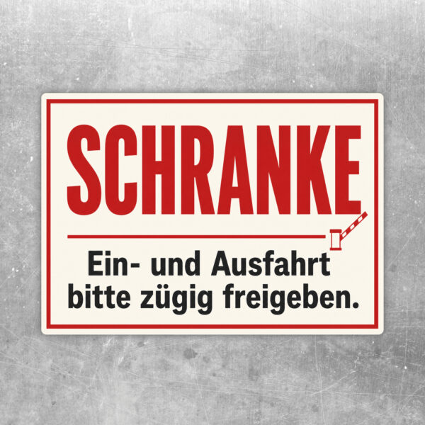 Aufkleber mit Schranke, Wohnmobil und Text Ein- und Ausfahrt bitte zügig freigeben im Querformat.