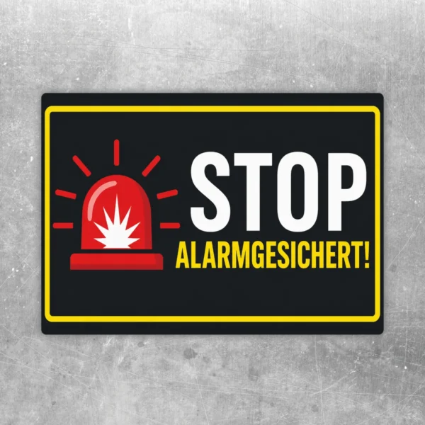 Stop Alarmgesichert Aufkleber mit rotem Warnsymbol, gelbem Rand und schwarzem Hintergrund für Türen und Fenster.