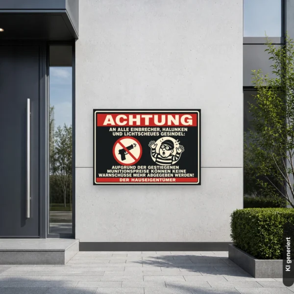 KI-generiertes Anwendungsbeispiel: Humorvolles Warnschild mit „Achtung“-Text und Einbrecher-Motiv als Querformat an einer Hofeinfahrt.