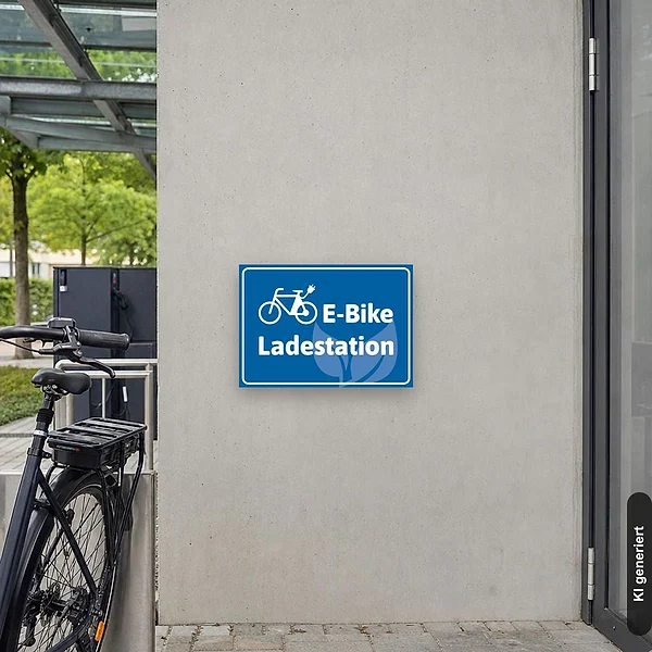 KI-generiertes Anwendungsbeispiel für Schild E-Bike Ladestation Fahrradsymbol blau: Schild klein und realistisch am passenden Einsatzort dargestellt.