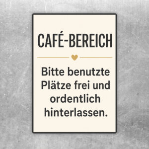 Café-Bereich Aufkleber mit Vintage-Cafémotiv und Hinweis, benutzte Plätze frei und ordentlich zu hinterlassen.