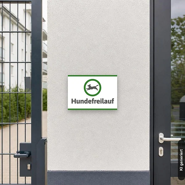 KI-generiertes Anwendungsbeispiel für Schild Hundefreilauf: Schild klein und realistisch am passenden Einsatzort dargestellt.