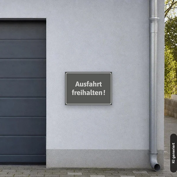 Graues Schild Ausfahrt freihalten neben einem Garagentor