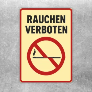 Rauchen verboten Aufkleber mit Rauchersymbol, rotem Verbotskreis und gelbem Hintergrund im Hochformat.