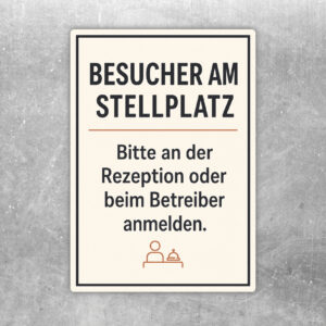 Aufkleber mit Text „Besucher am Stellplatz“ und Hinweis zur Anmeldung an Rezeption oder Betreiber, Campingmotiv.