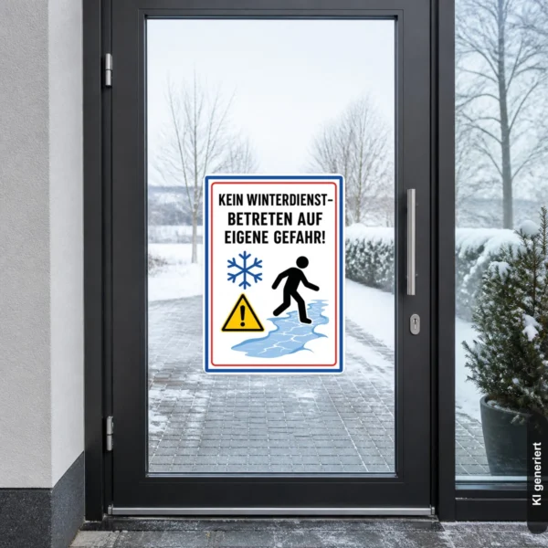 KI-generiertes Anwendungsbeispiel: Kein Winterdienst Aufkleber an einer Außentür mit Warnsymbol und Wintermotiv für glatte Bereiche