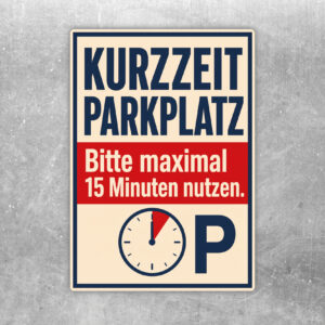 Kurzzeitparkplatz Aufkleber mit Uhr, Auto und Hinweis Bitte maximal 15 Minuten nutzen in Creme, Blau und Orange.