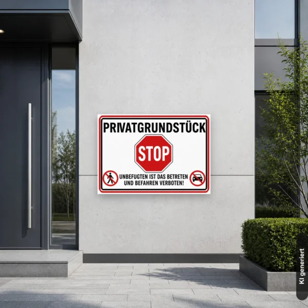 KI-generiertes Anwendungsbeispiel: Verbotsschild Privatgrundstück mit Stoppschild und Hinweis gegen Betreten und Befahren am Einfahrtstor.