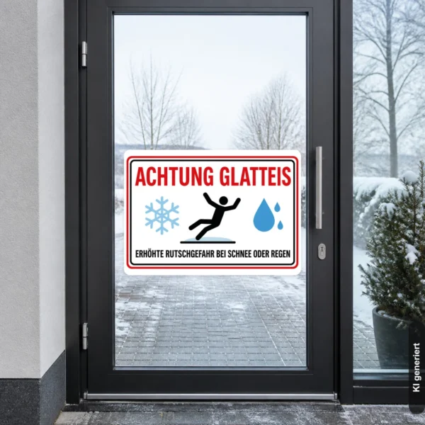 KI-generiertes Anwendungsbeispiel: Achtung Glatteis Warnschild Aufkleber an einer Eingangstür mit deutlichem Warnhinweis bei Schnee und Regen.