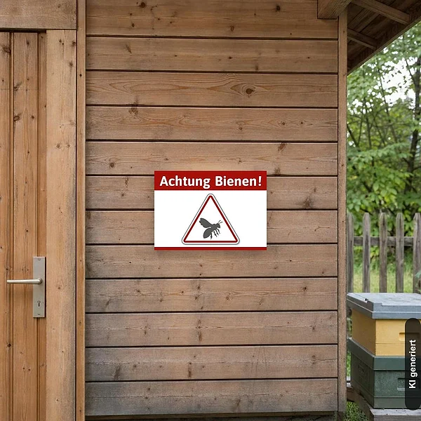 KI-generiertes Anwendungsbeispiel für Schild Achtung Bienen: Schild klein und realistisch am passenden Einsatzort dargestellt.