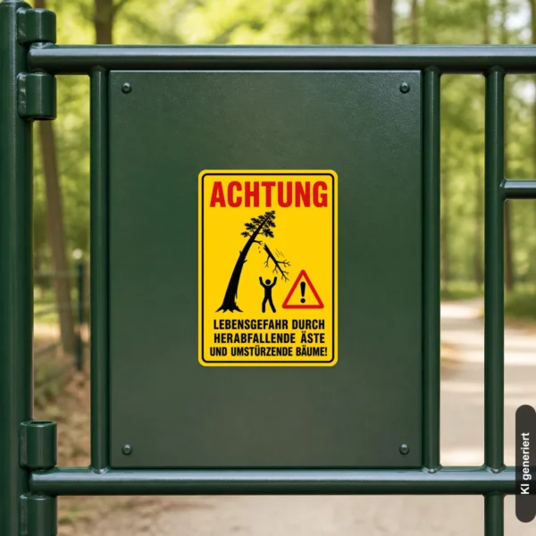KI-generiertes Anwendungsbeispiel: Achtung Lebensgefahr Aufkleber an einem Waldweg mit Warnsymbol für herabfallende Äste und Bäume.