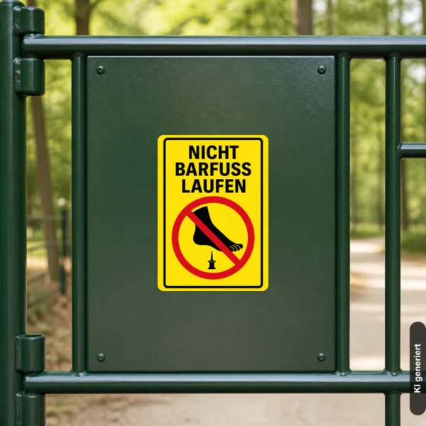 KI-generiertes Anwendungsbeispiel: Nicht barfuß laufen Aufkleber an einer Tür in einem sauberen Innenbereich mit klarer Signalwirkung.