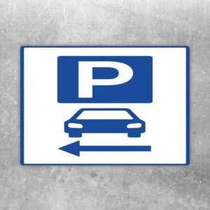 Parkplatzschild links mit Pfeil Aufkleber in Blau und Weiß mit P-Symbol, Auto und Richtungspfeil für klare Orientierung.